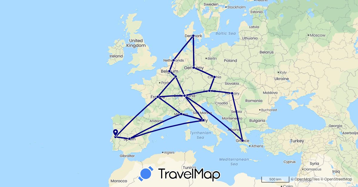 TravelMap itinerary: driving in Austria, Belgium, Switzerland, Czech Republic, Germany, Denmark, Spain, France, Greece, Hungary, Italy, Luxembourg, Monaco, Netherlands, Portugal (Europe)